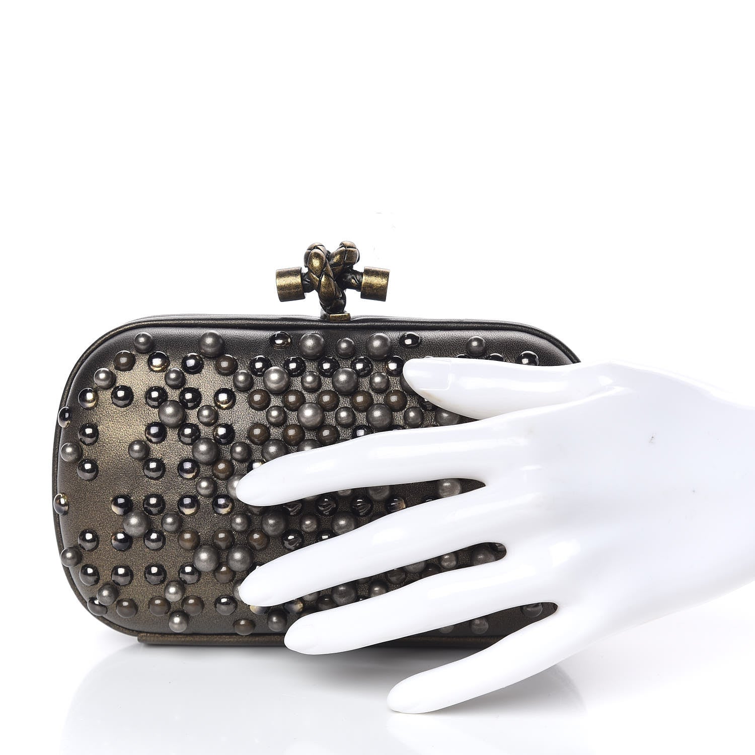 Bottega Veneta Nappa Pearl Embellished Knot Studded Clutch Gold 2 of 8