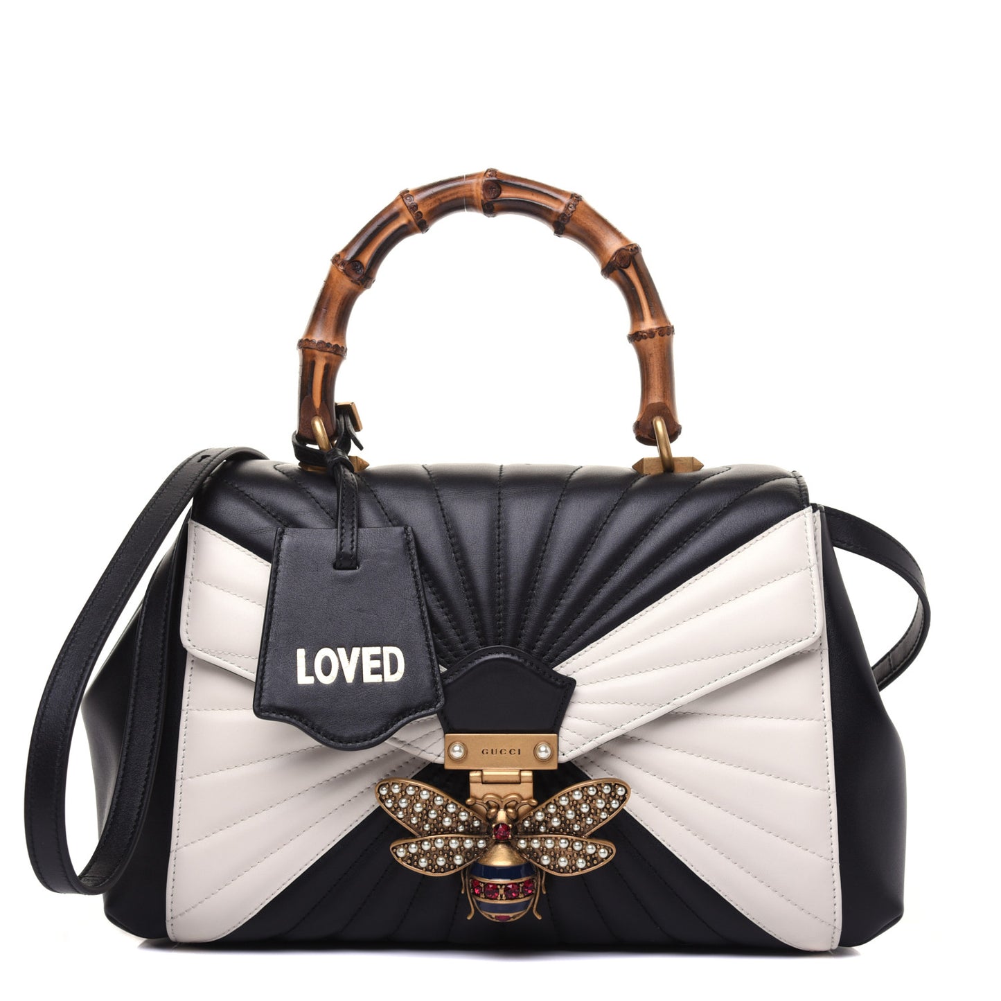Calfskin Bamboo Trapuntata Queen Margaret Top Handle Bag Mystic White Black