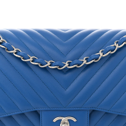 Chanel Caviar Chevron Quilted Jumbo Double Flap Blue 8 of 10