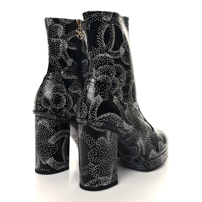 Chanel Calfskin Camellia Printed Ankle Boots 39.5 Black White 4 of 8