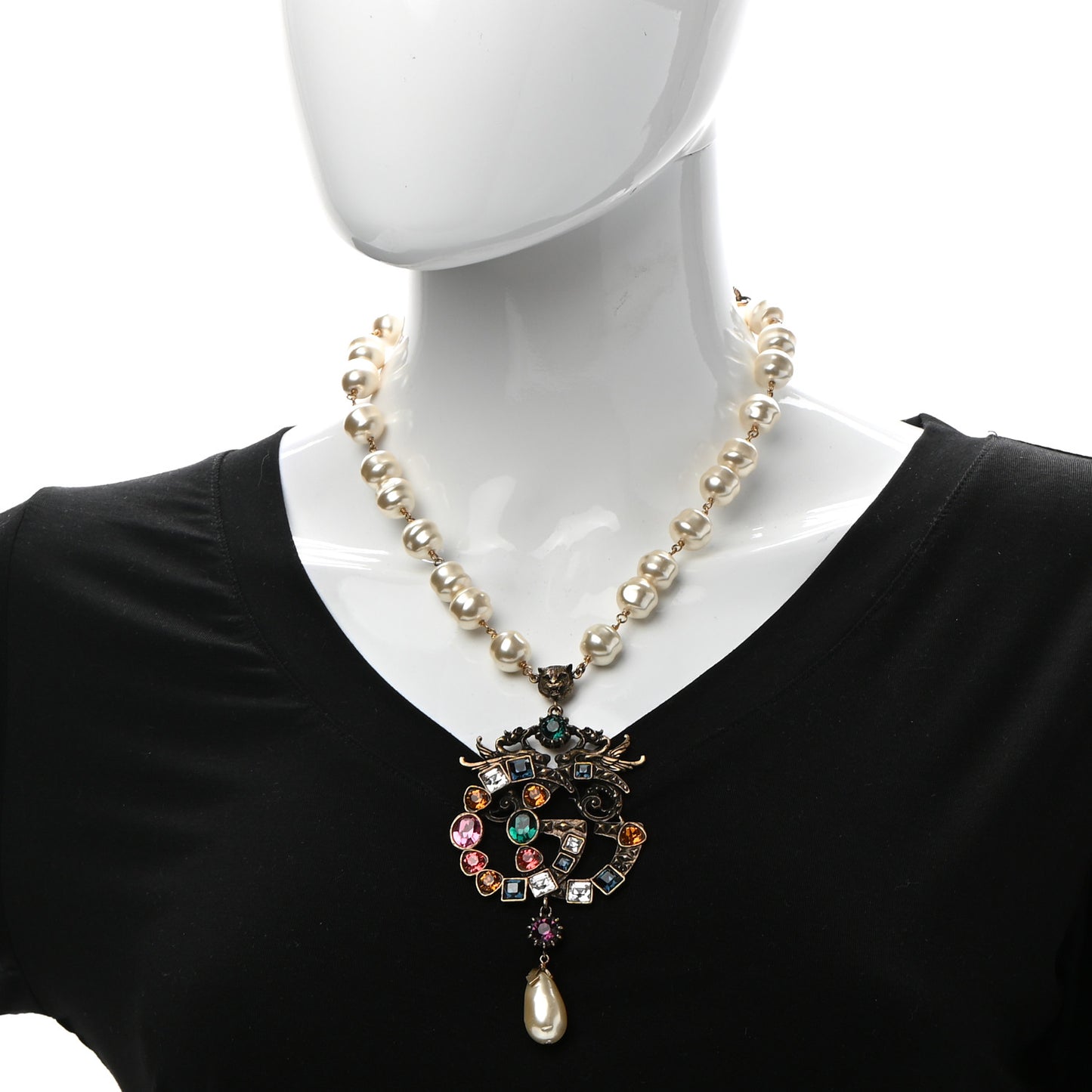 Crystal Pearl Marmont Dragon Necklace Aged Gold Multicolor
