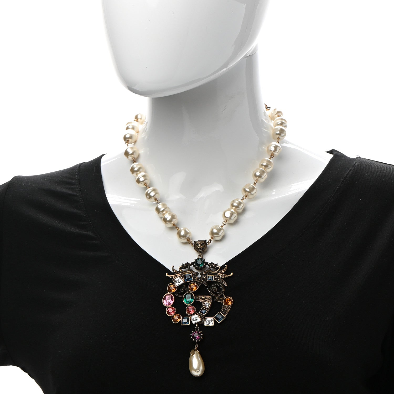 Gucci Crystal Pearl Marmont Dragon Necklace Aged Gold Multicolor 2 of 7