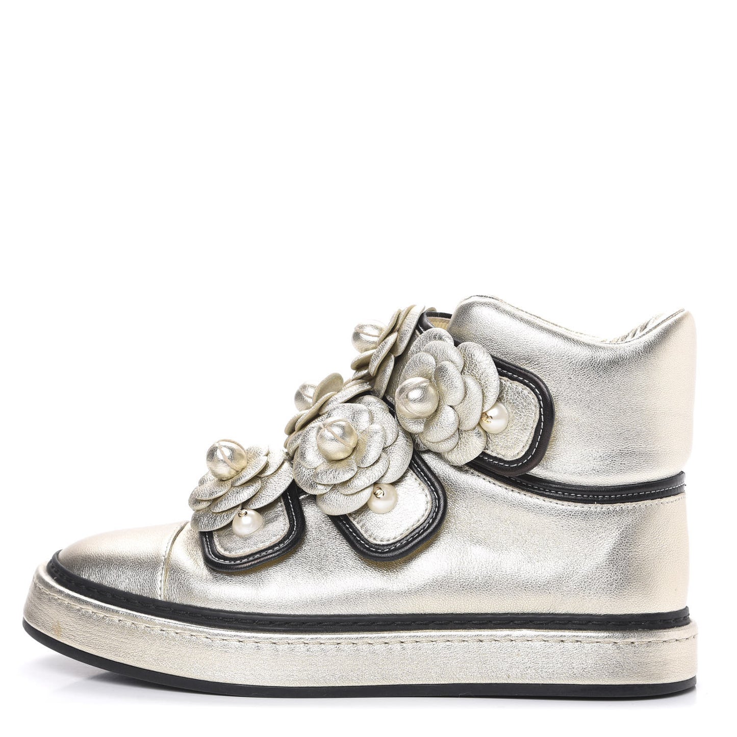 Metallic Lambskin Camellia High Top Sneakers 36 Gold