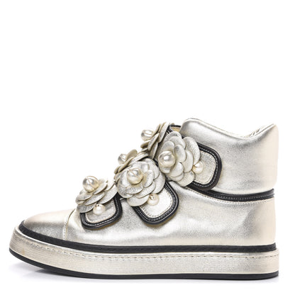 Chanel Metallic Lambskin Camellia High Top Sneakers 36 Gold 1 of 9