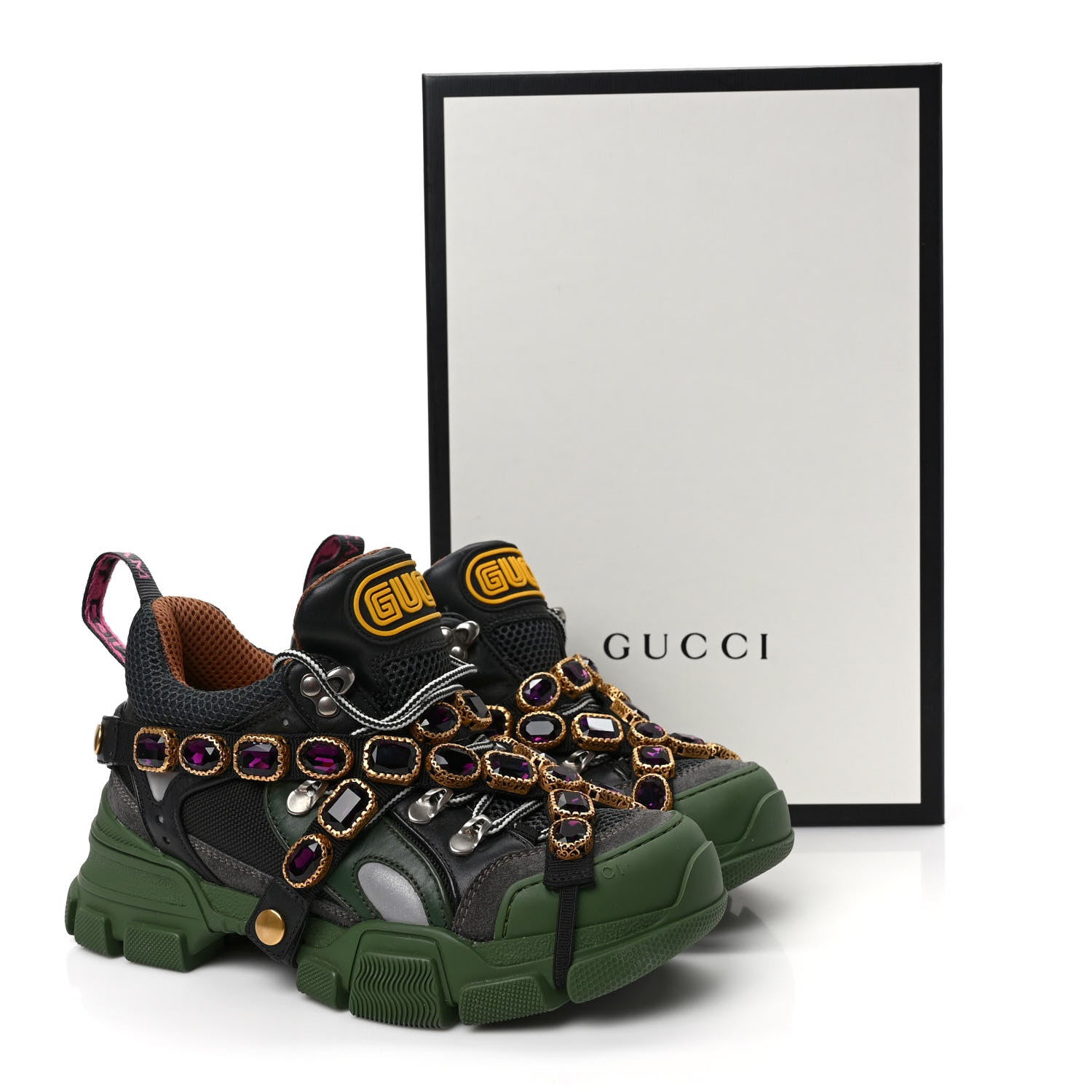 Gucci X SEGA Mesh Suede Calfskin Removable Crystals Flashtrek Sneakers 36 Loess Black Olive Green 8 of 8
