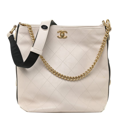 Chanel Calfskin Stitched Large Button Up Hobo Ivory Black 1 of 14