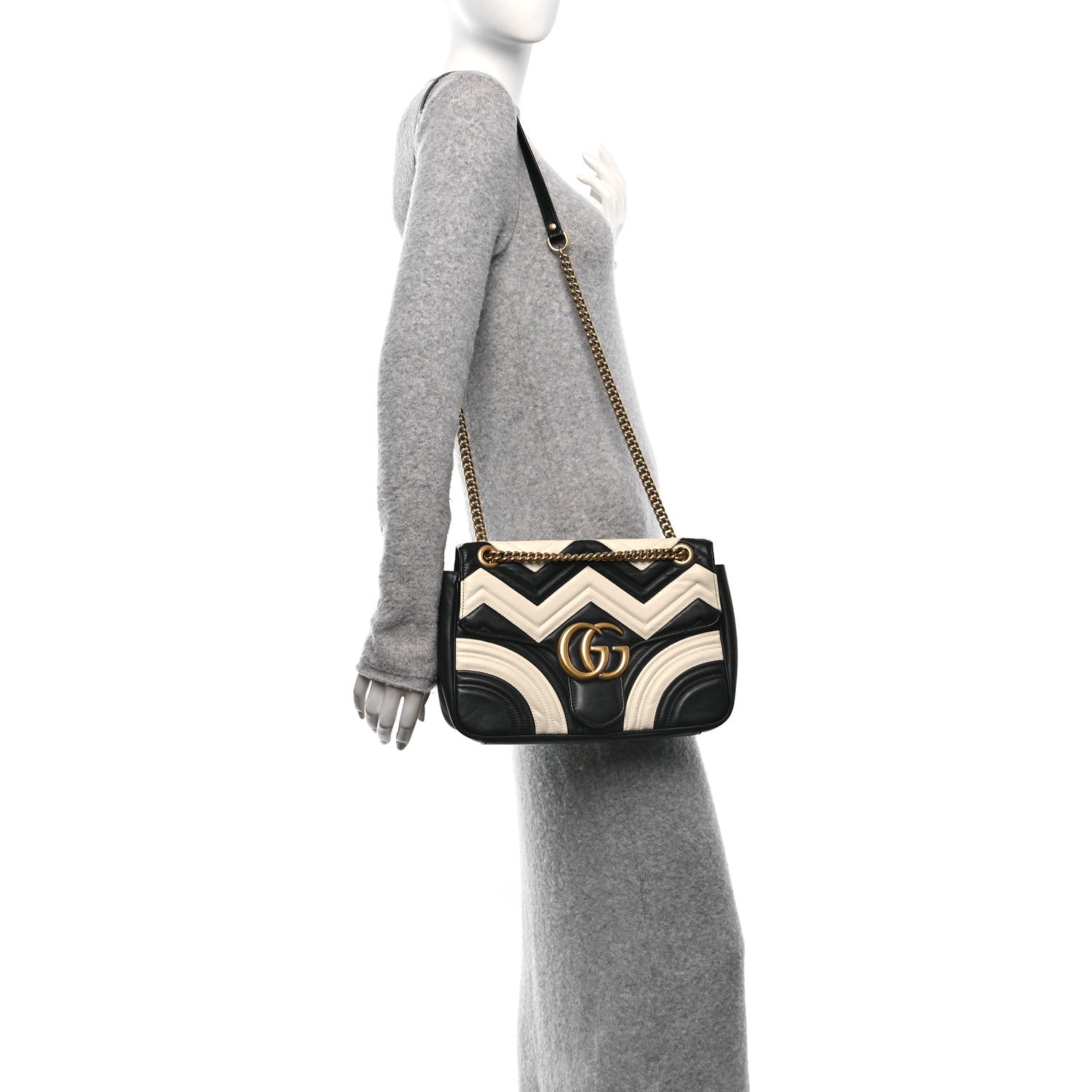 Gucci Calfskin Matelasse Medium GG Marmont Shoulder Bag Black White 3 of 10