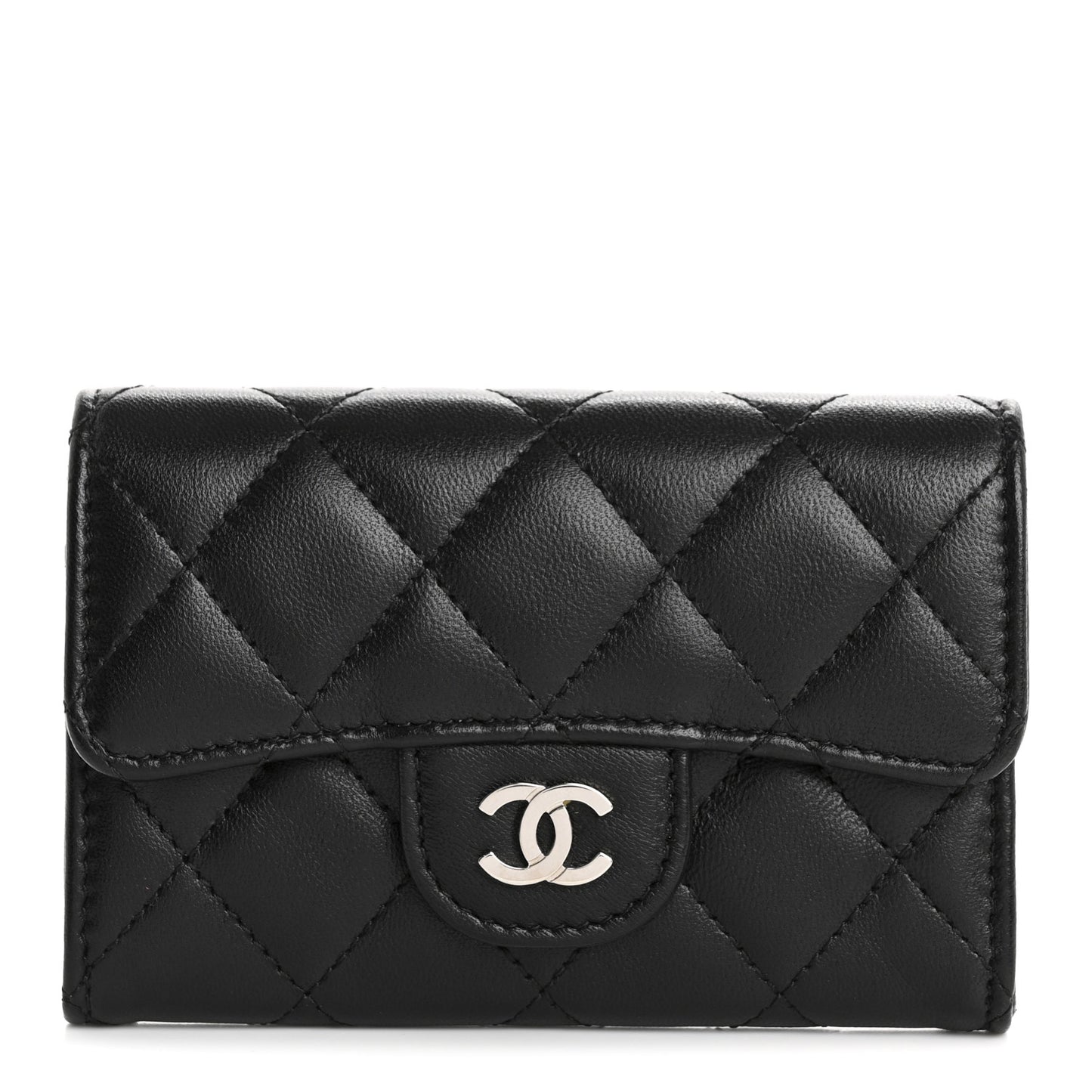 Lambskin Quilted Flap Card Holder Wallet Black