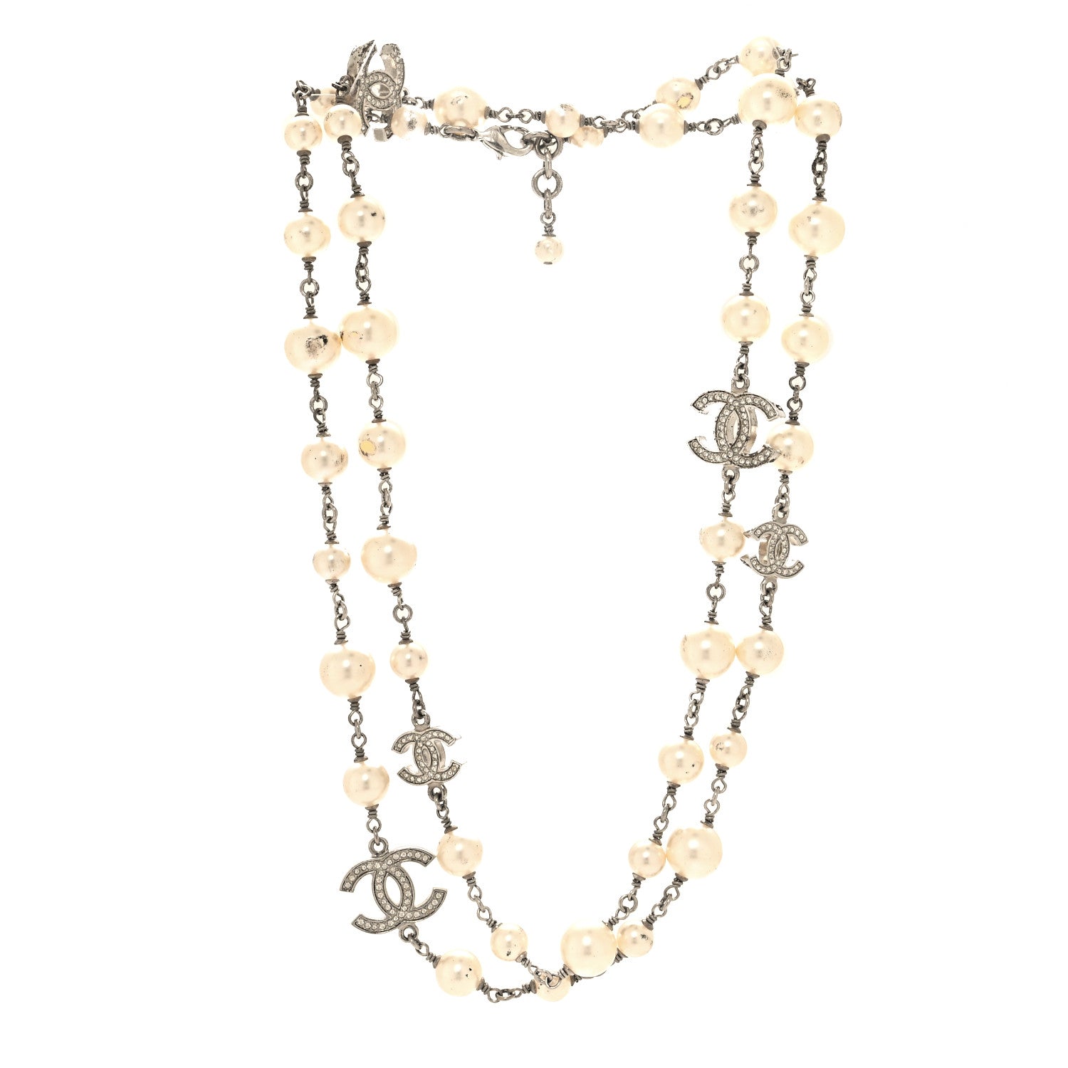 Chanel Graduated Pearl Crystal CC Long Necklace Silver 3 of 5
