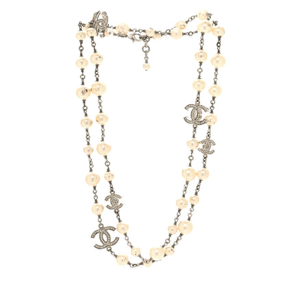 Chanel Graduated Pearl Crystal CC Long Necklace Silver 3 of 5
