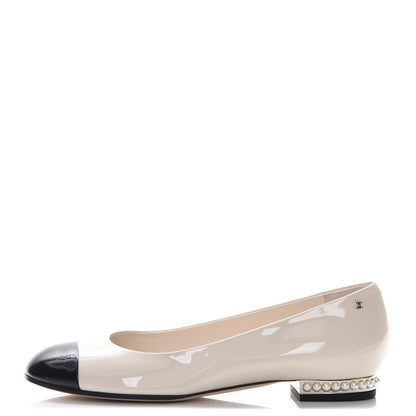 Chanel Patent Calfskin Pearl Cap Toe Flats 39.5 Light Beige Black 11 of 20