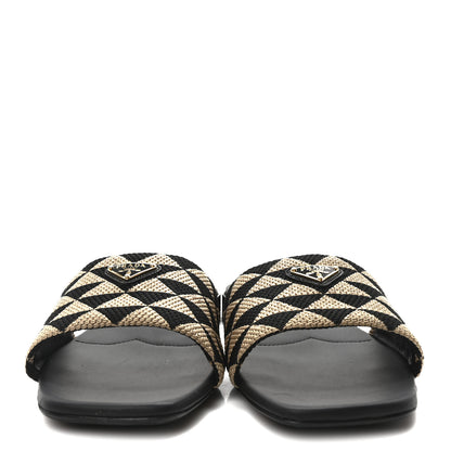 Prada Jacquard Trianglolo Symbole Embroidered Triangle 10mm Slide Sandals 40 Black Corda 3 of 8