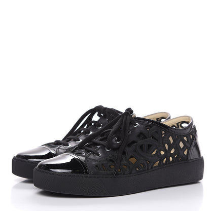 Chanel Patent Grained Goatskin Hollow Out Flower Sneakers 42 Black 3 of 7