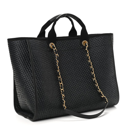 Chanel Straw Raffia Calfskin Chain Medium Deauville Tote Black 3 of 11