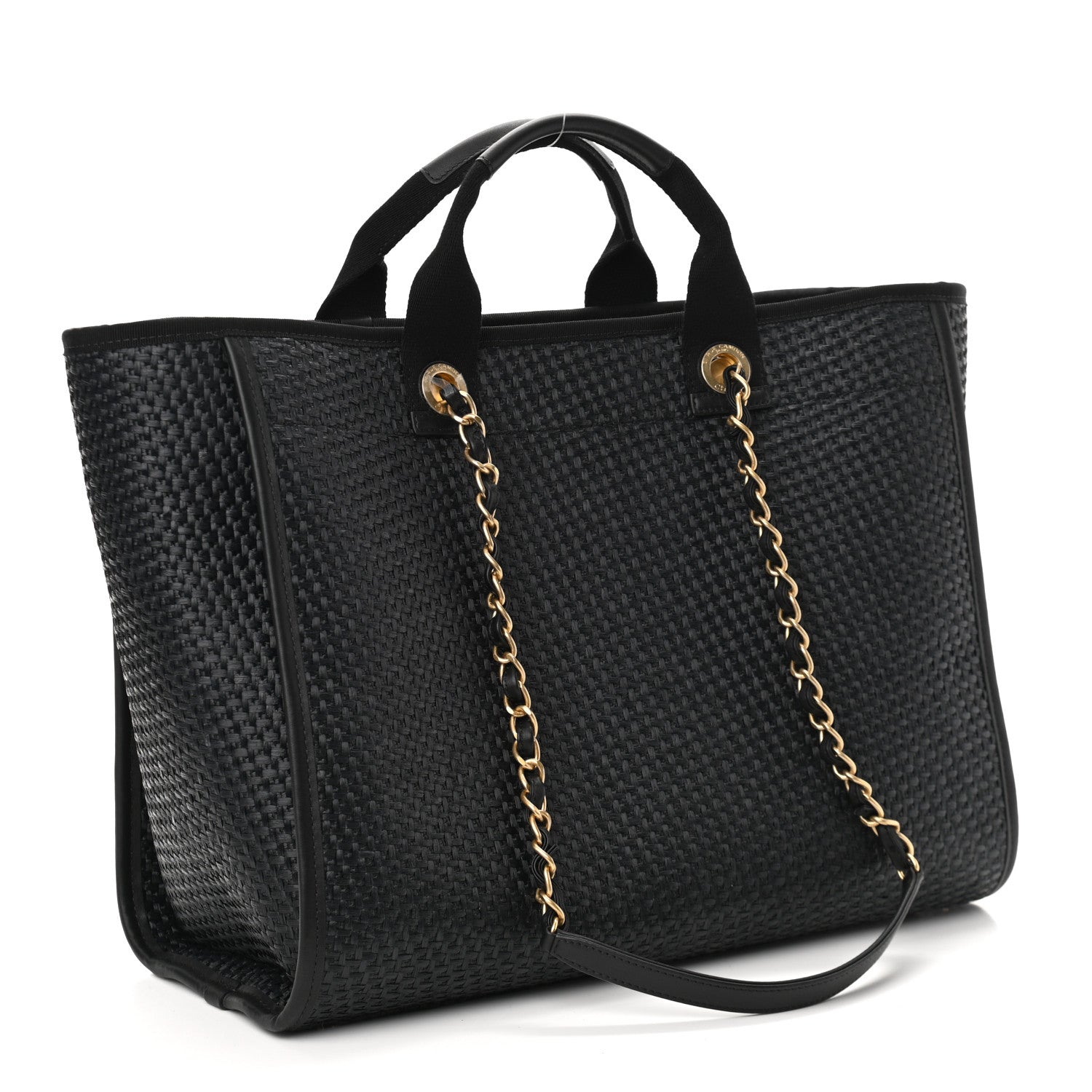 Chanel Straw Raffia Calfskin Chain Medium Deauville Tote Black 3 of 11
