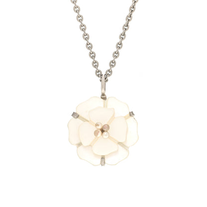 Chanel Mother of Pearl Camellia Pendant Necklace Silver White 4 of 6