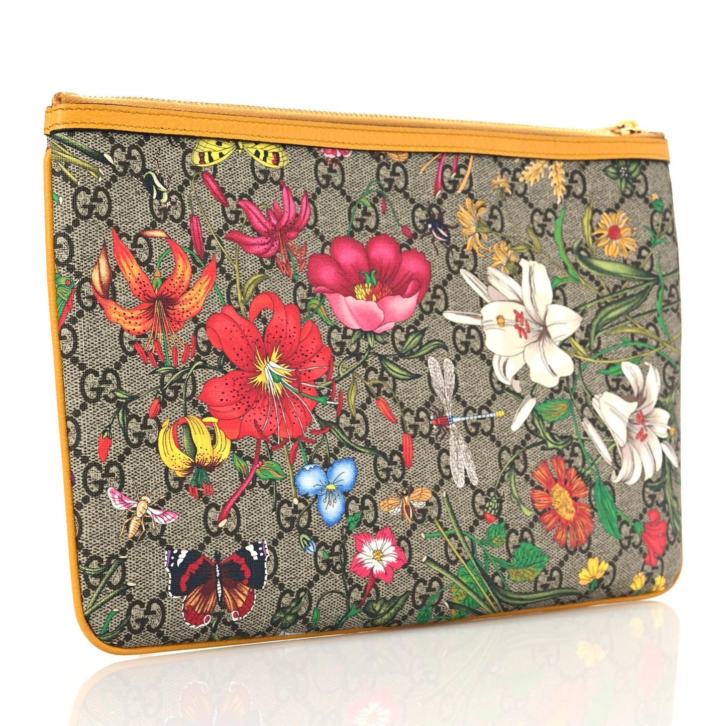 GG Supreme Monogram Flora Large Ophidia Pouch Clutch Beige Multicolor Crop