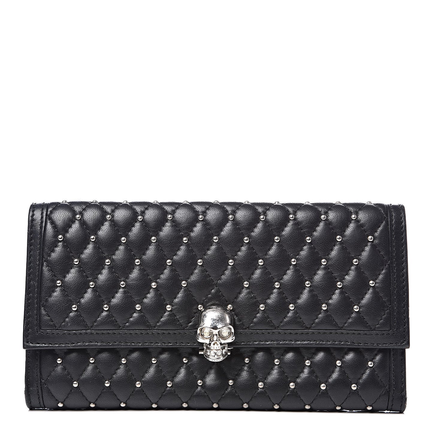 Calfskin Quilted Studded Skull Continental Wallet Black