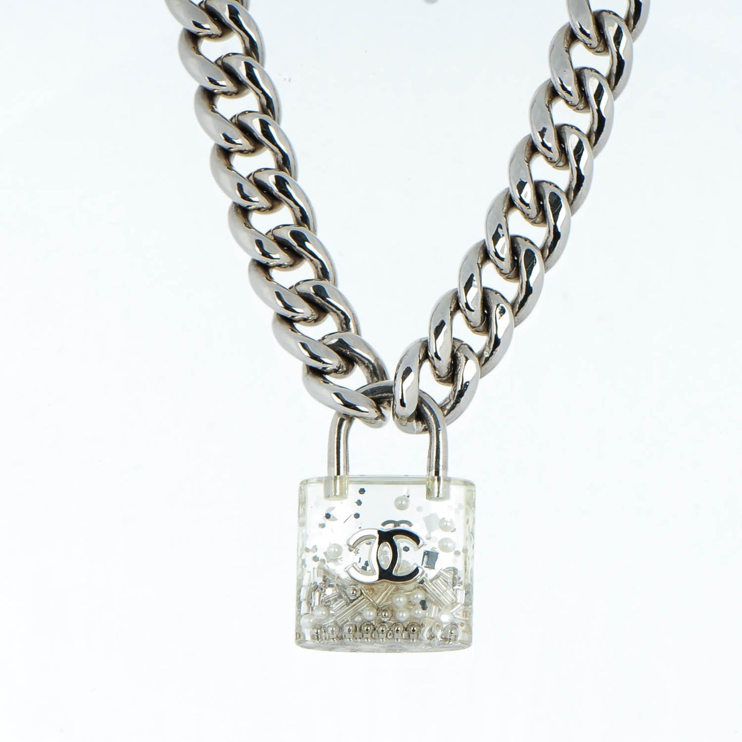 Pearl CC Padlock Necklace Silver