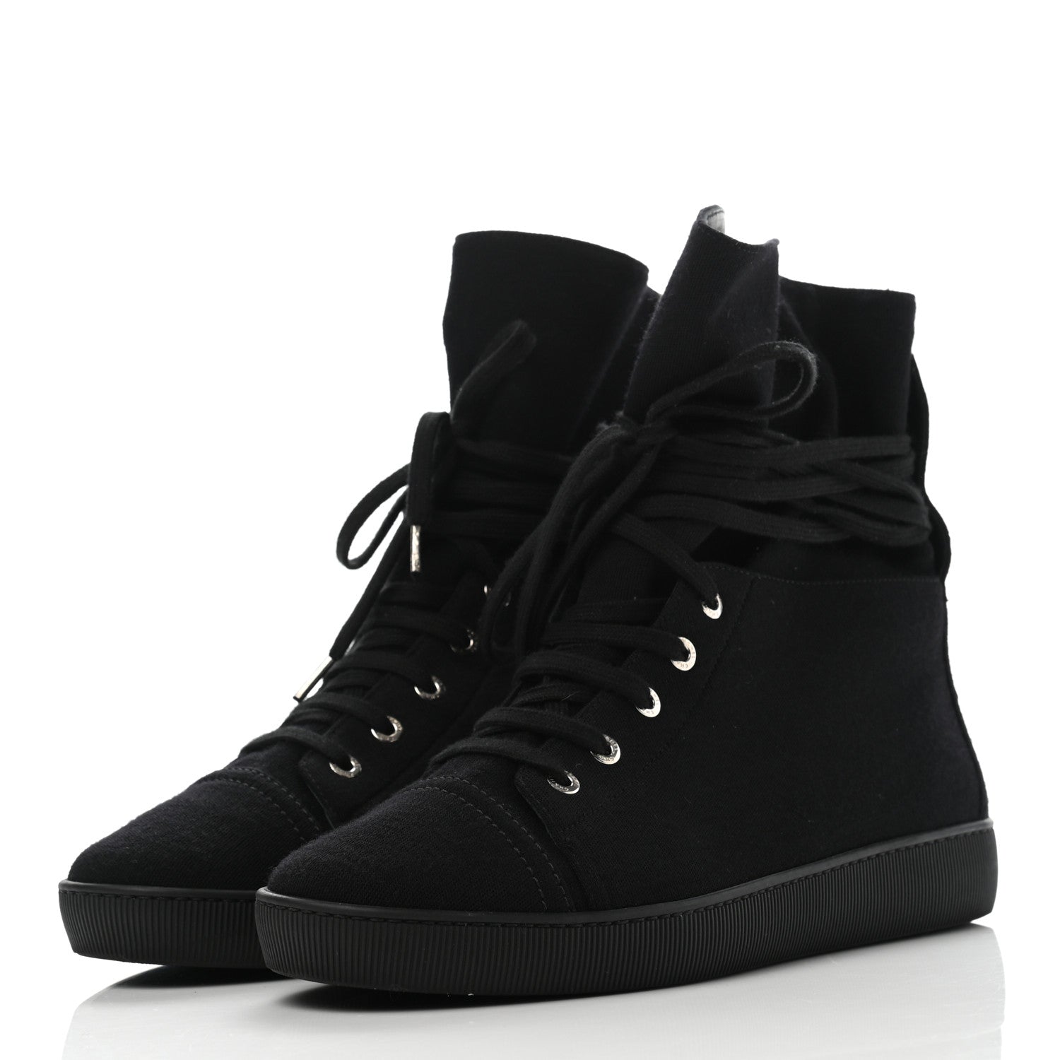 Chanel Jersey Lace Up High Top Sneakers 38.5 Black 3 of 9