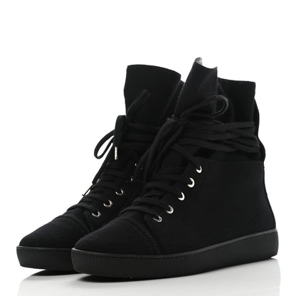 Chanel Jersey Lace Up High Top Sneakers 38.5 Black 3 of 9