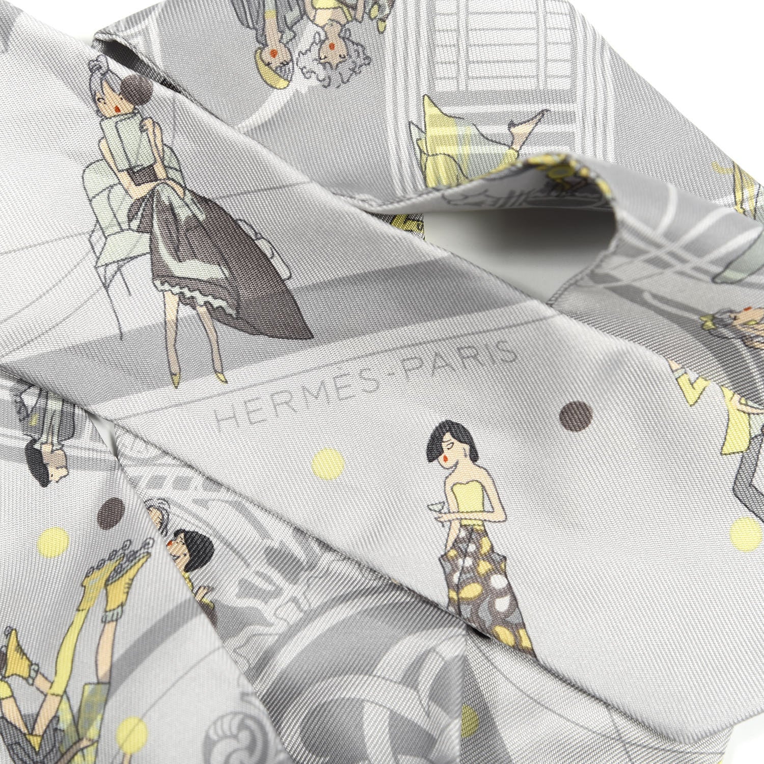 Hermes Silk Ex-Libris Les Parisie Twilly Gris Perle Jaune Soufre 3 of 4