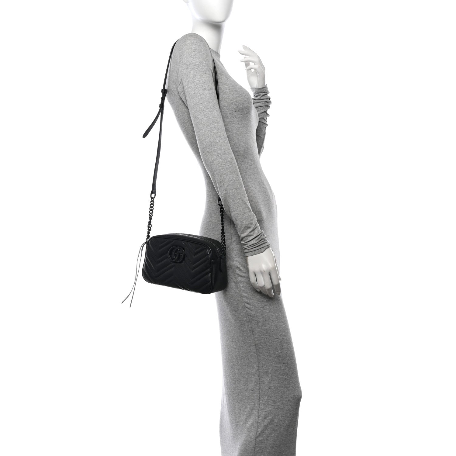 Gucci Calfskin Matelasse Monochrome Small GG Marmont Chain Shoulder Bag Black 2 of 11