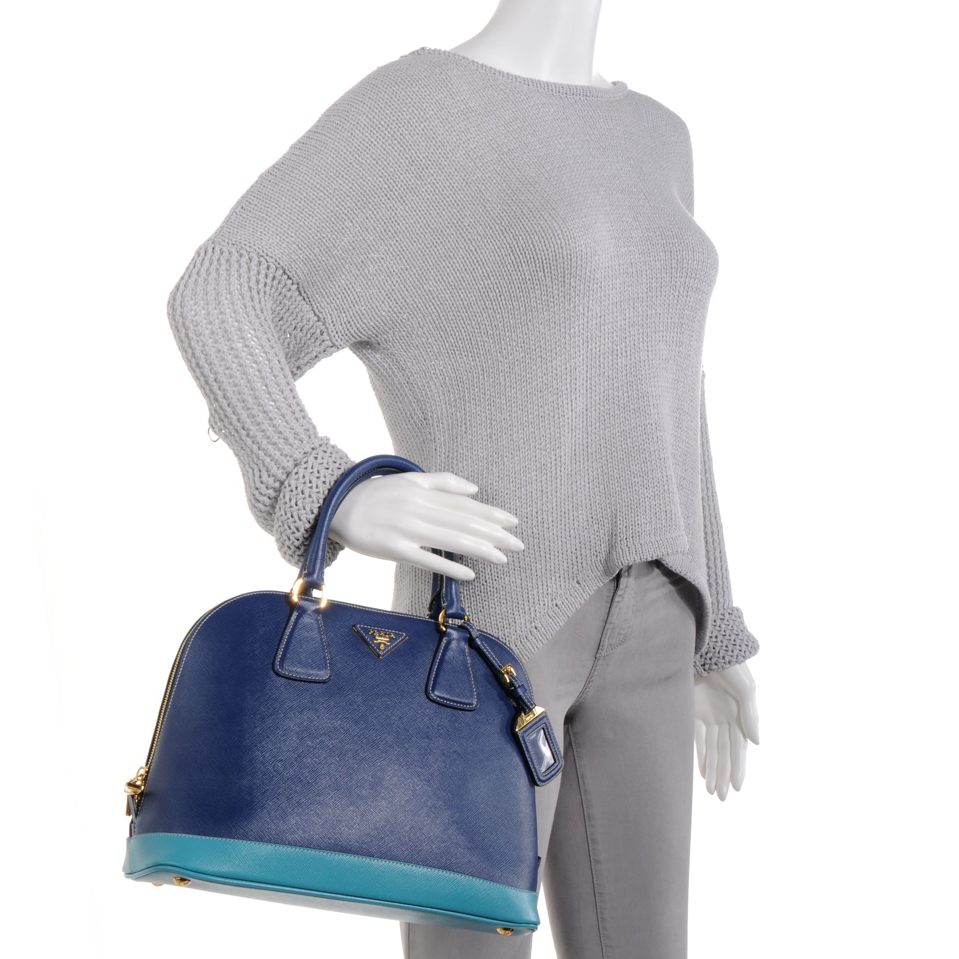Prada Saffiano Lux Bi-Color Promenade Dome Tote Bluette Turchese 2 of 8