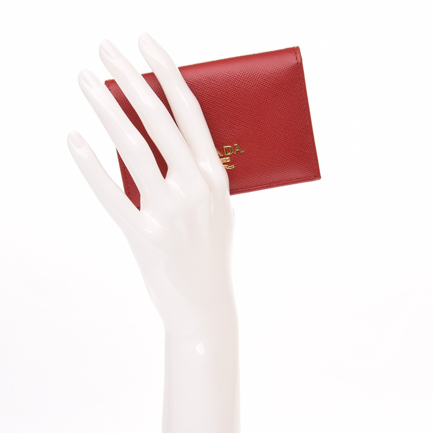 Prada Saffiano Metal Bi-Fold Card Holder Wallet Fuoco 2 of 8