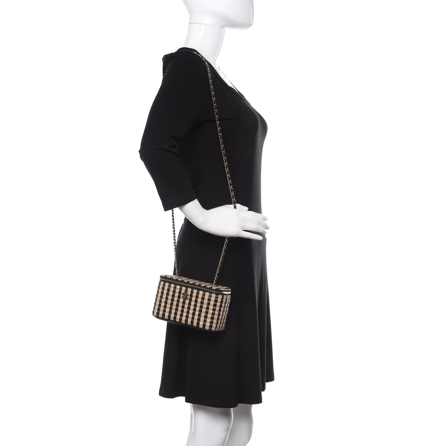 Chanel Raffia Jute Striped Small Vanity Case With Chain Black Beige 2 of 11