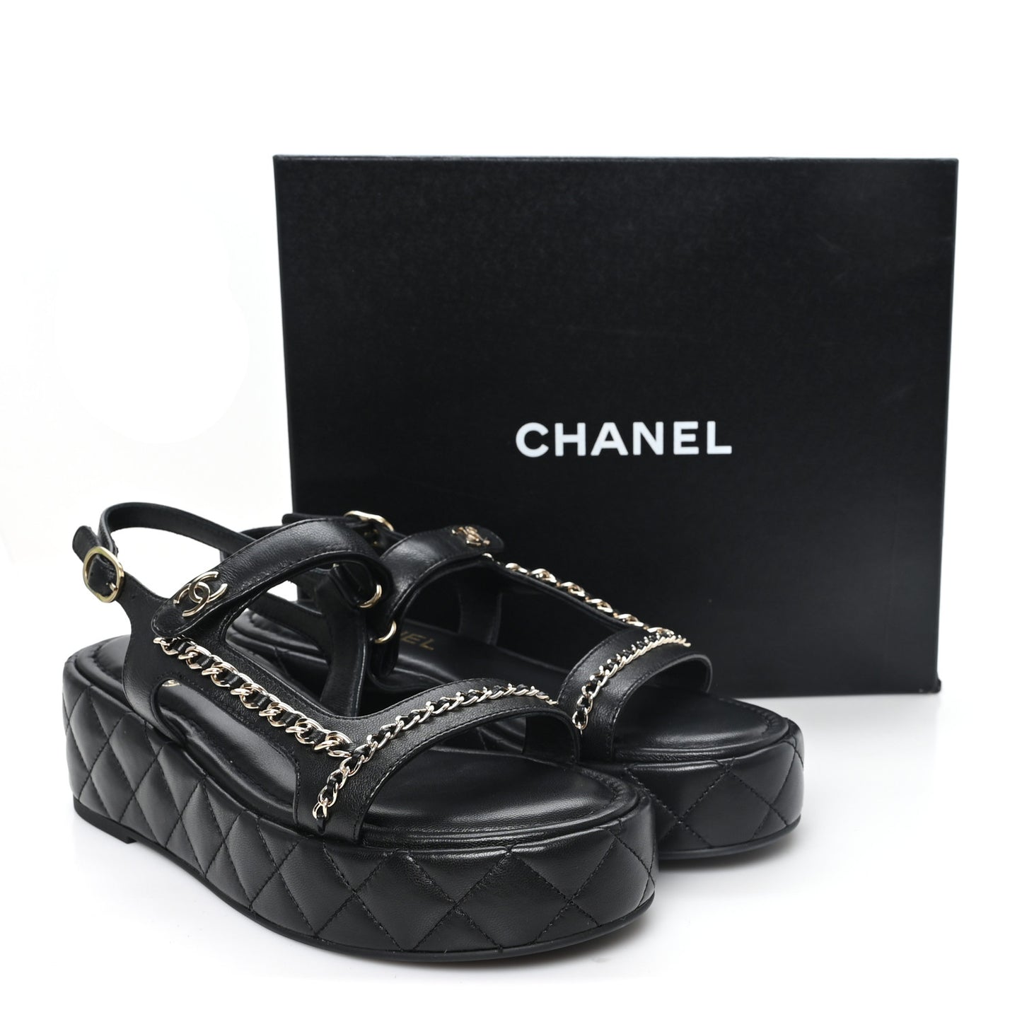 Lambskin Quilted Chain CC Platform Sandals 39.5 Black