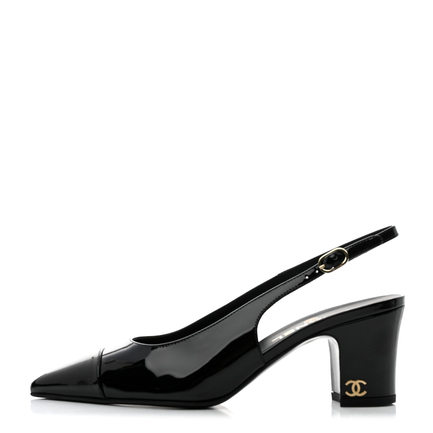 Patent Calfskin Cap Toe CC Slingback Pumps 37.5 Black