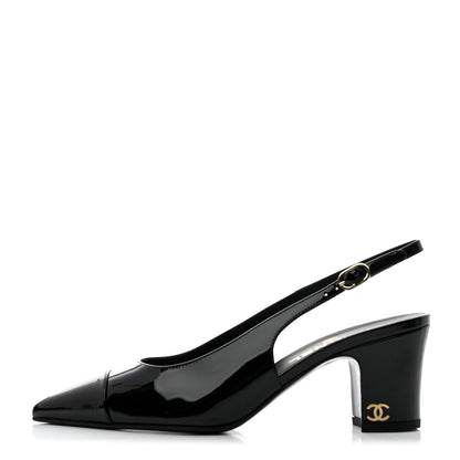 Chanel Patent Calfskin Cap Toe CC Slingback Pumps 37.5 Black 1 of 9