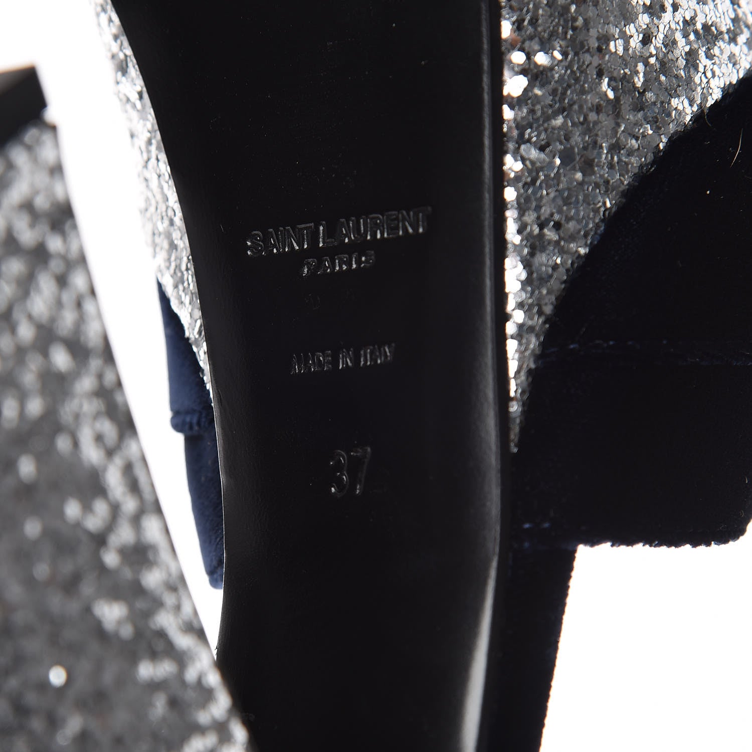 Saint Laurent Velvet Glitter Claire Candy Bow 80 Platform Sandal 37 Marine Argento 7 of 9