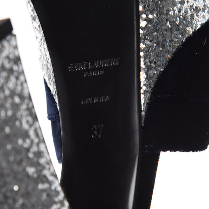 Saint Laurent Velvet Glitter Claire Candy Bow 80 Platform Sandal 37 Marine Argento 7 of 9
