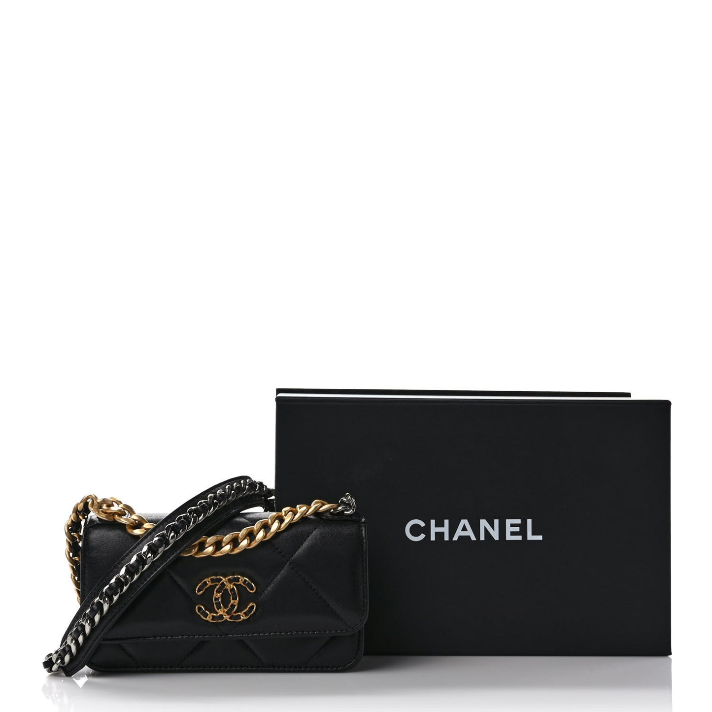 Lambskin Quilted Chanel 19 Flap Phone Holder With Chain Black