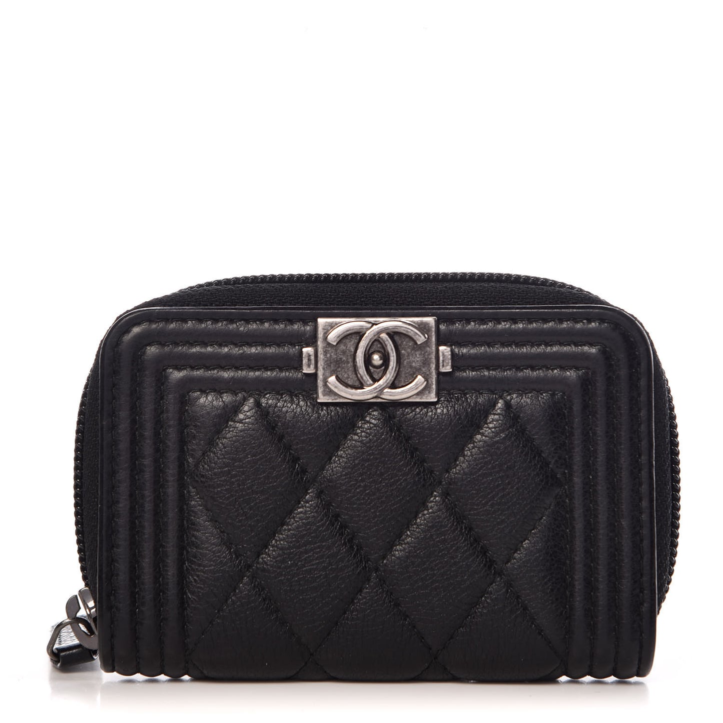 Calfskin Quilted Boy Zip Around Coin Purse Wallet Black