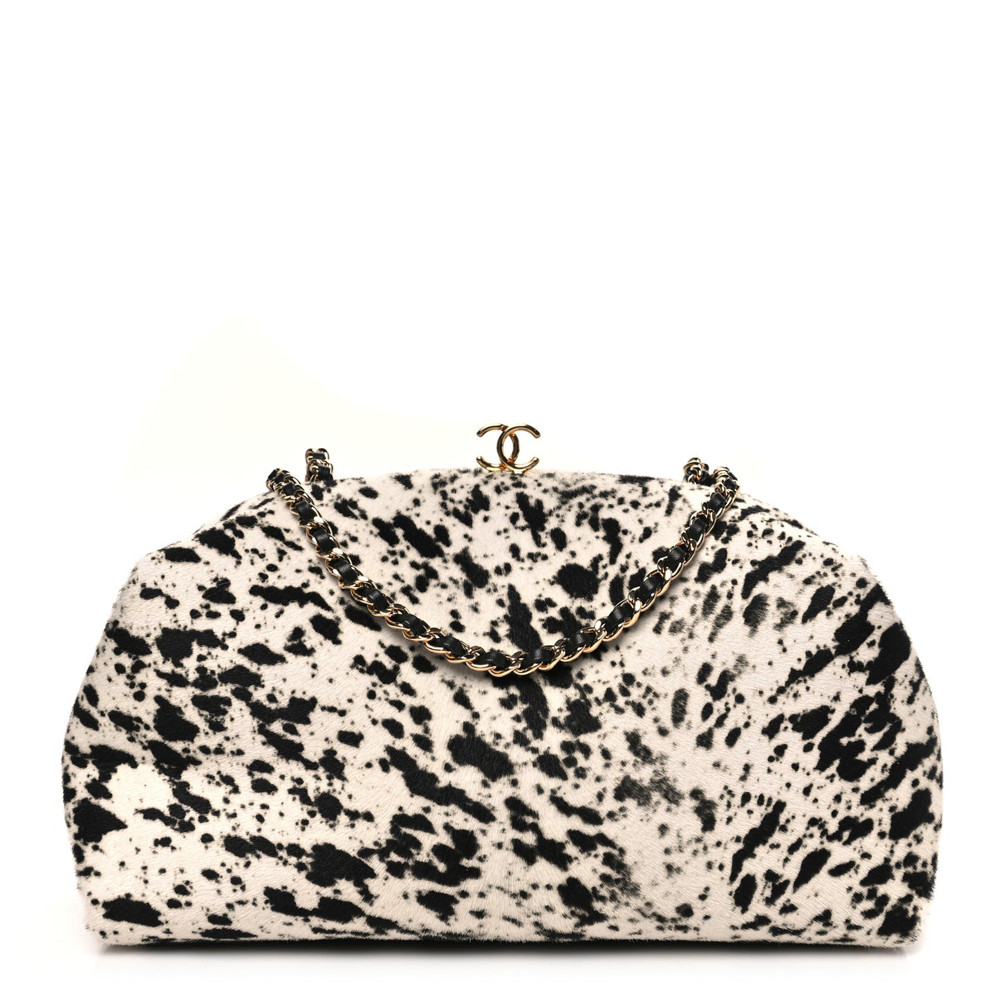 Lambskin Pony Hair Printed Clutch With Chain Black White