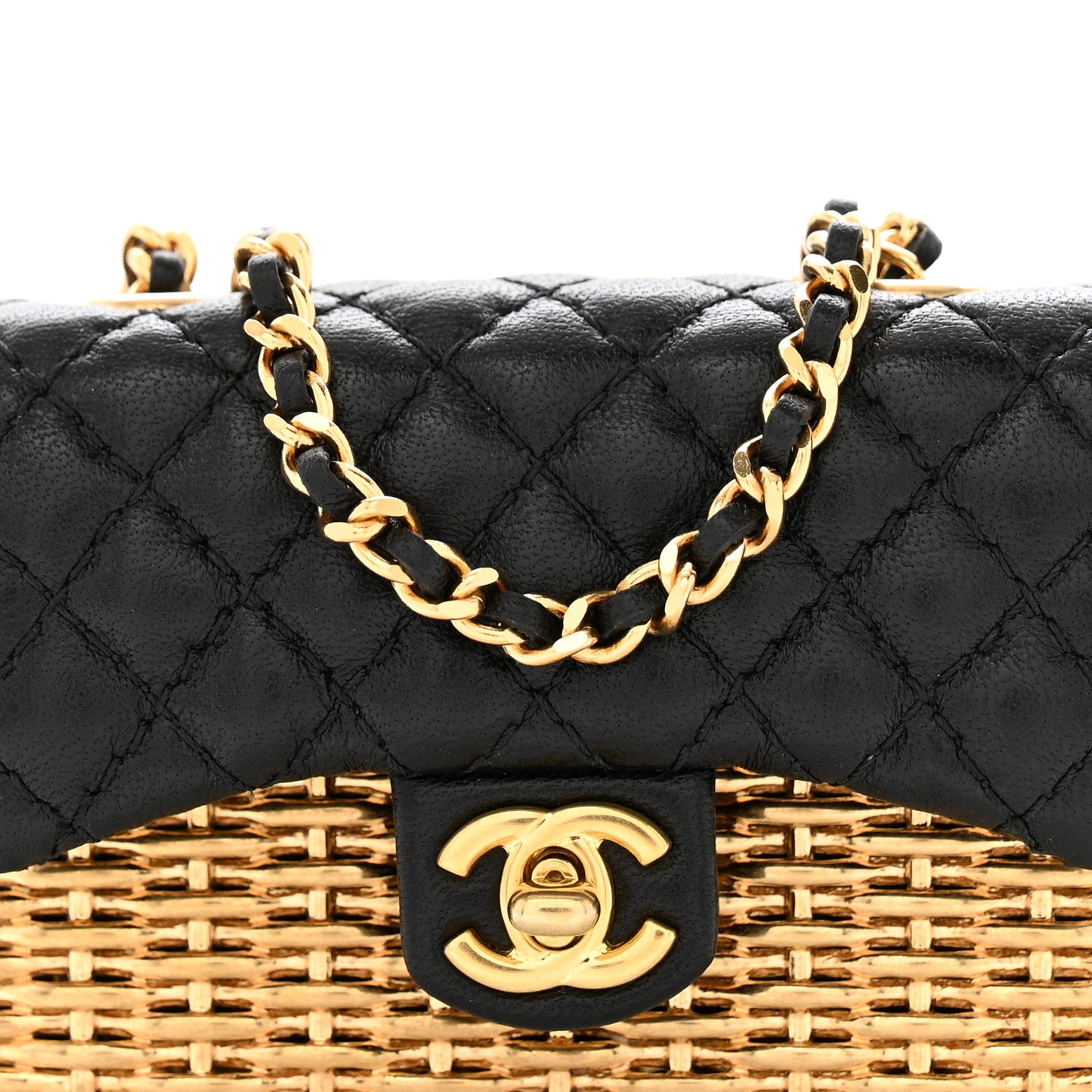 Woven Metal Lambskin Quilted Micro Flap Black Gold