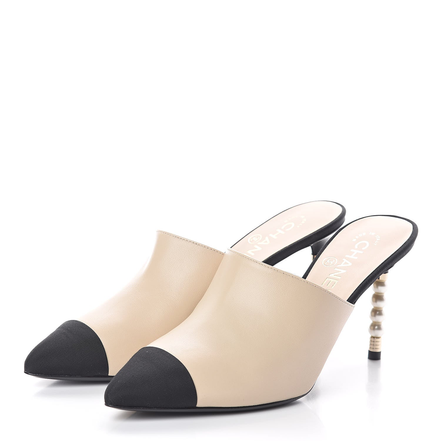 Chanel Lambskin Grosgrain Cap Toe Pearl Mule 40 Beige Black 3 of 7