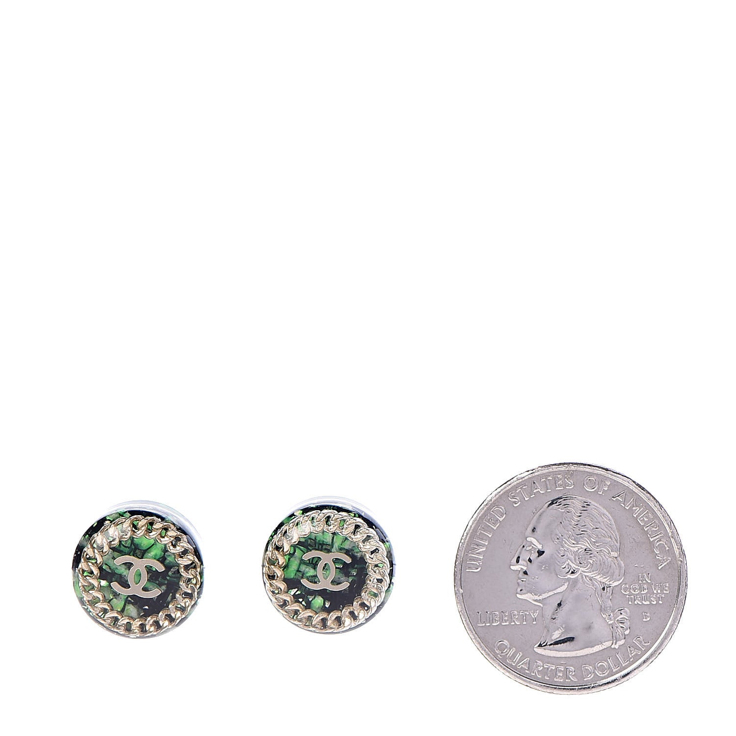 Chanel Resin Tweed Chain CC Round Earrings Gold Green 2 of 5