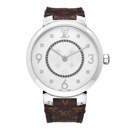 Louis Vuitton Stainless Steel Monogram Diamond 33mm Tambour Slim Quartz Watch 1 of 8