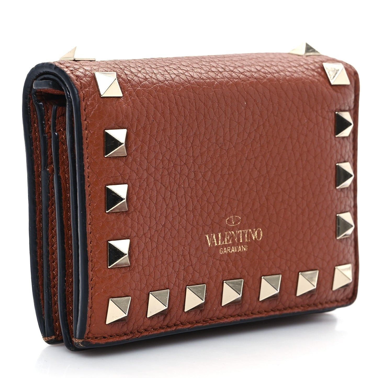 Calfskin Rockstud Bi-Fold Card Holder Brown