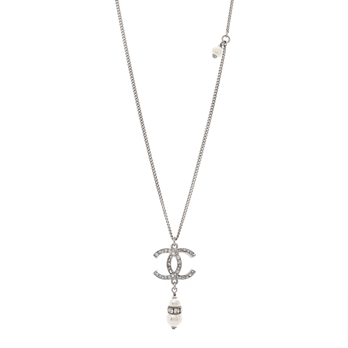 Crystal Pearl CC Necklace Silver