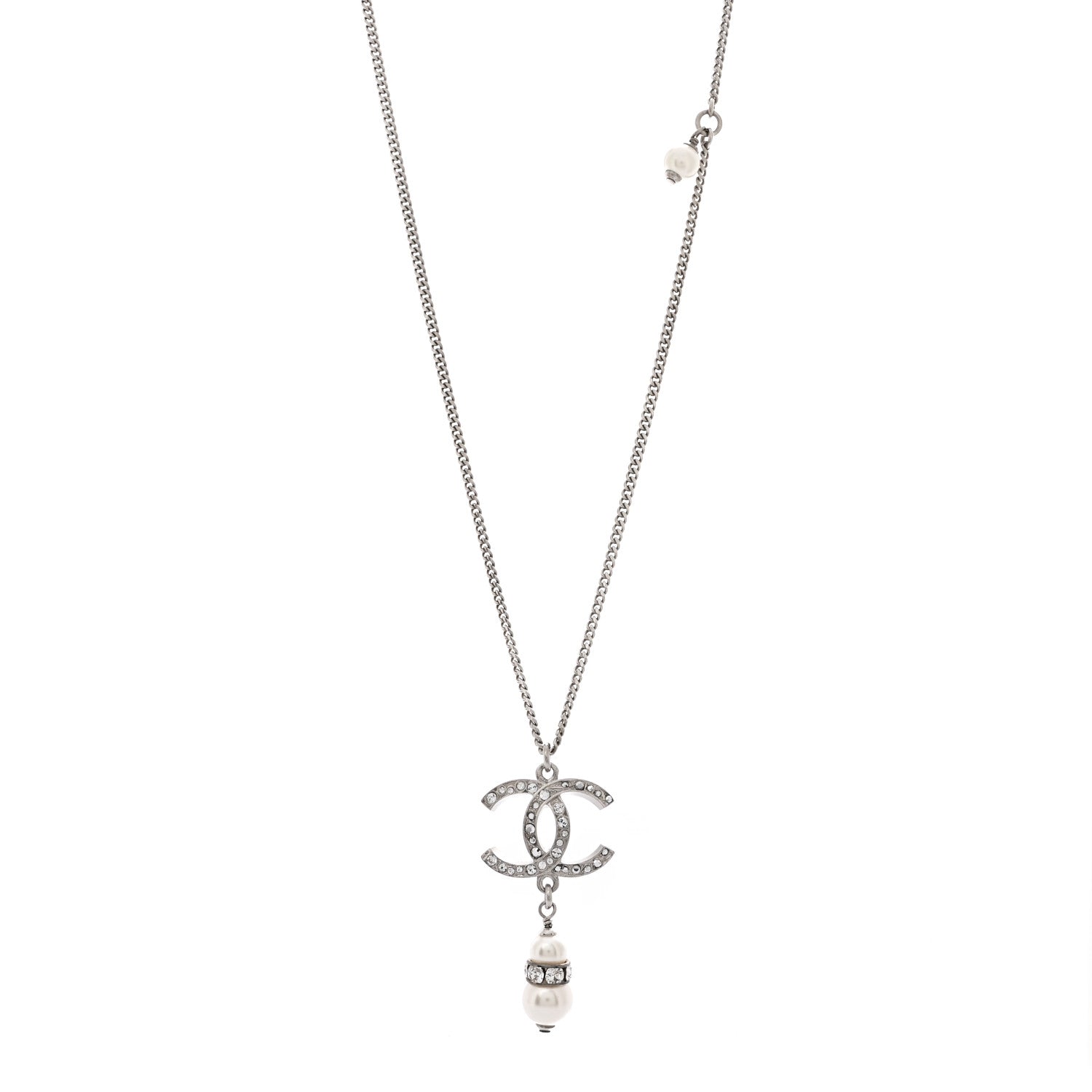 Chanel Crystal Pearl CC Necklace Silver 1 of 6