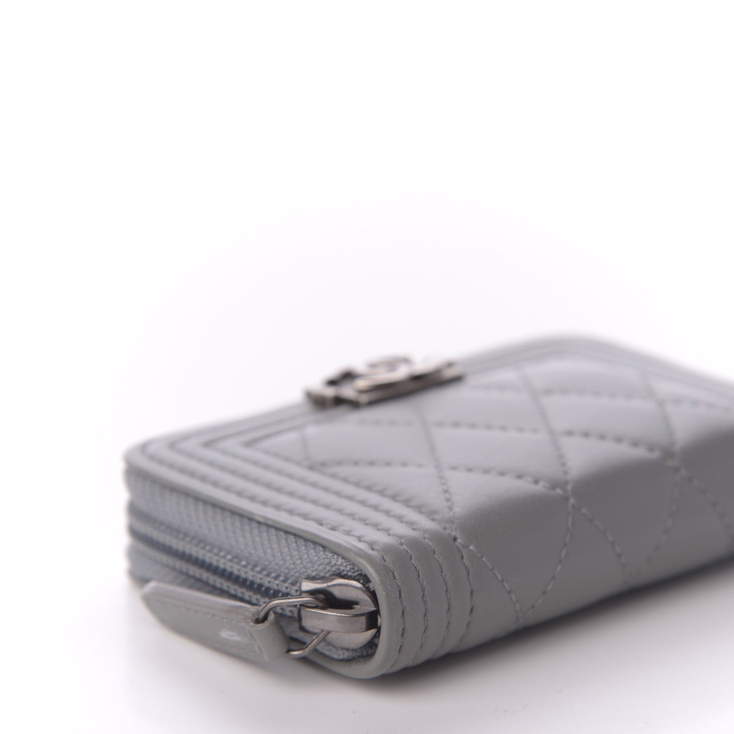 Chanel Lambskin Quilted Boy Zip Around Coin Purse Wallet Grey 6 of 10