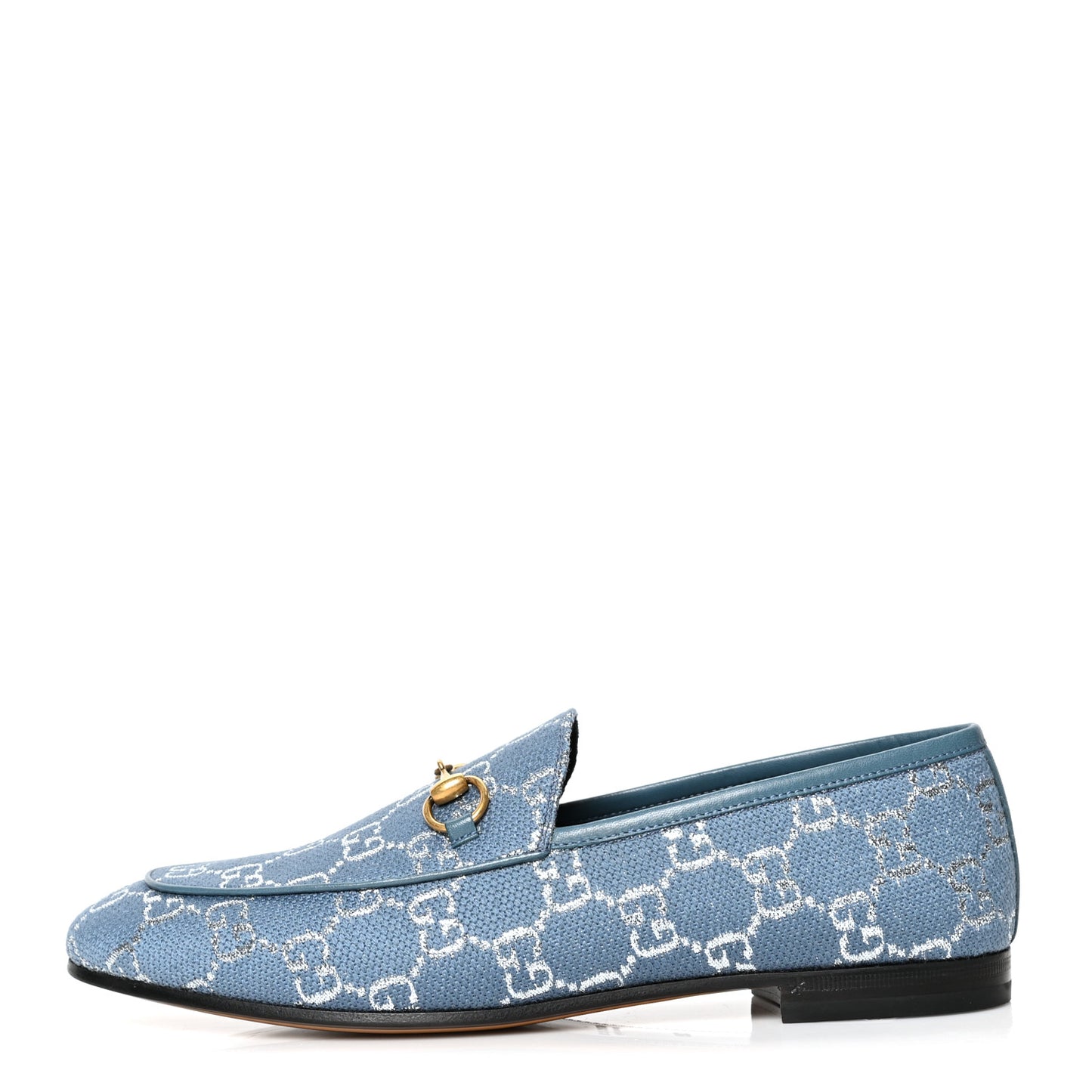 Canvas Lame GG Monogram Horsebit Womens Jordaan Loafers 39 Blue Silver Cornflower Blue