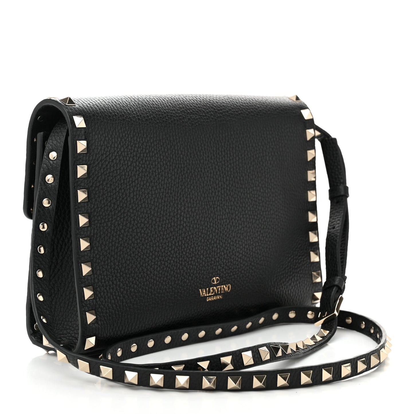Pebbled Calfskin Medium Rockstud Flip Lock Crossbody Bag Black