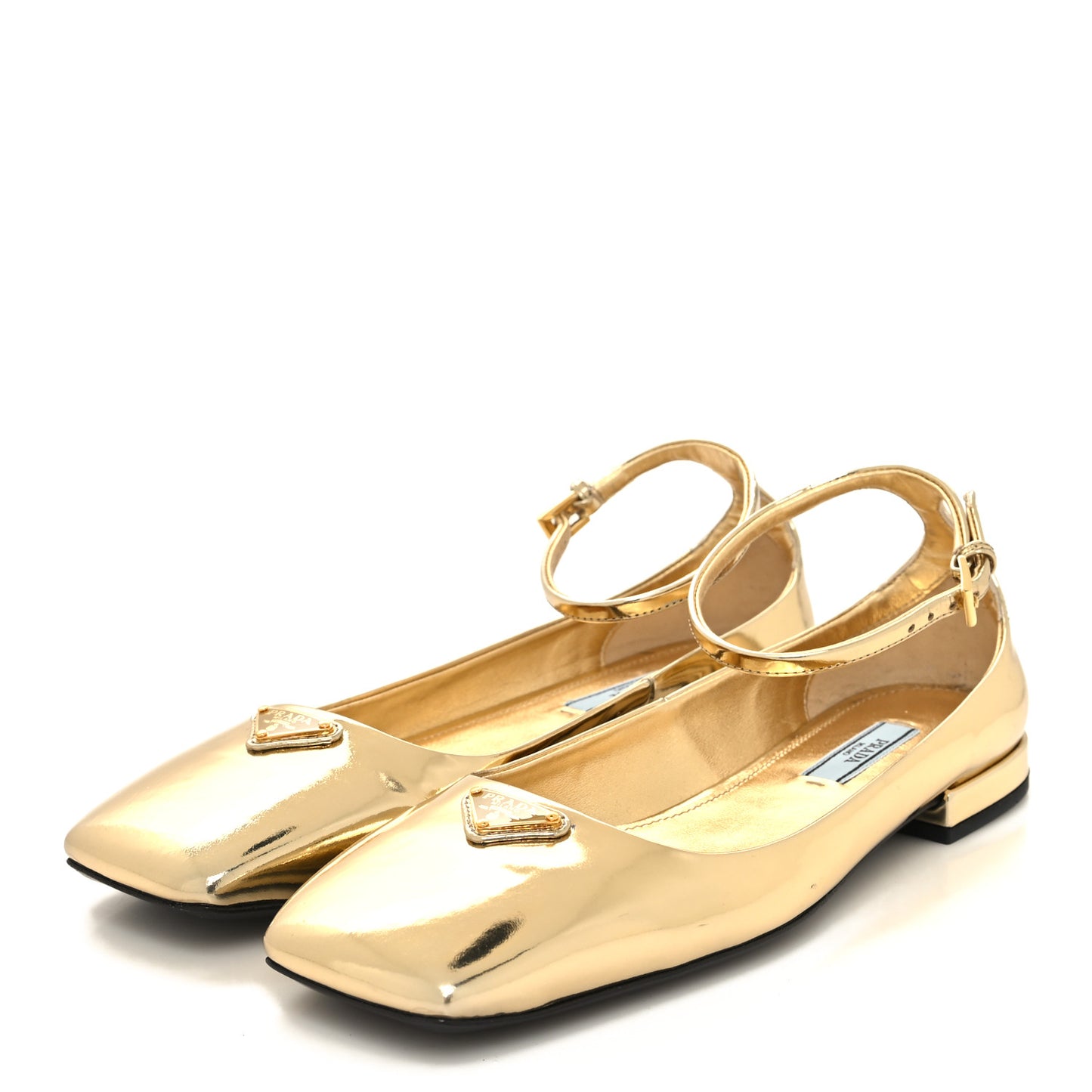 Metallic Calfskin Metal Triangle Logo Ankle Strap Ballerinas 36.5 Platino