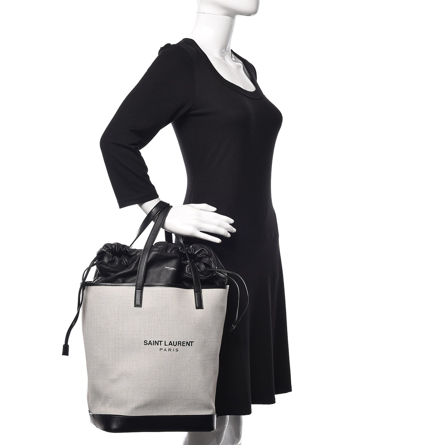 Canvas Calfskin Teddy Drawstring Shopping Tote White Black